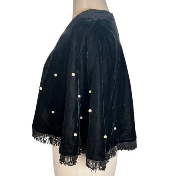 Black Velvet Shawl with Pearl Embellishments and Tassel Fringe Satin Inside O/S - Picture 5 of 8